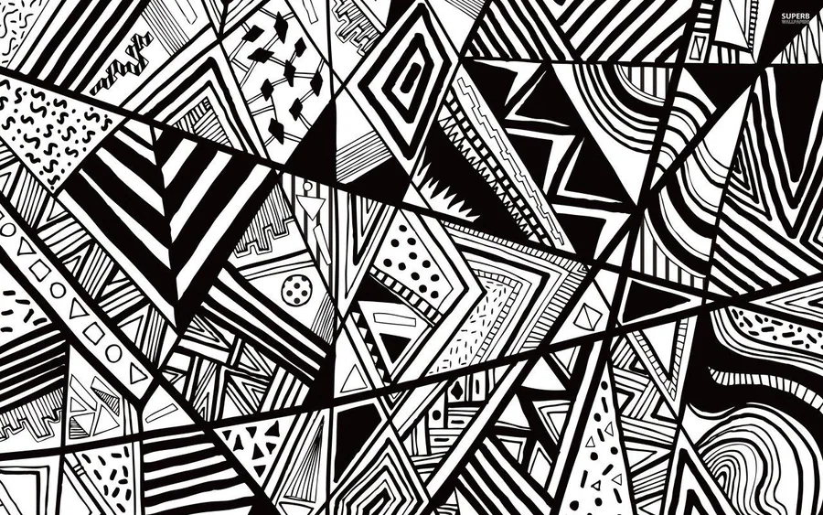 Abstract black and white geometric mosaic pattern with overlapping stripes, triangles, dots, and tessellating tile designs.