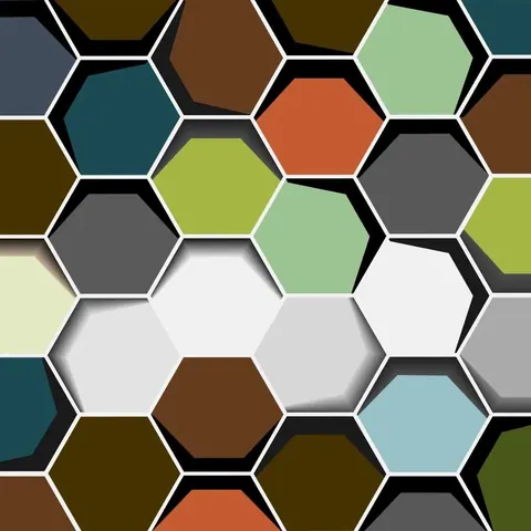 Repeating hexagonal mosaic tile pattern in olive, teal, gray, white, and orange with black outlines and 3D shadow effects.