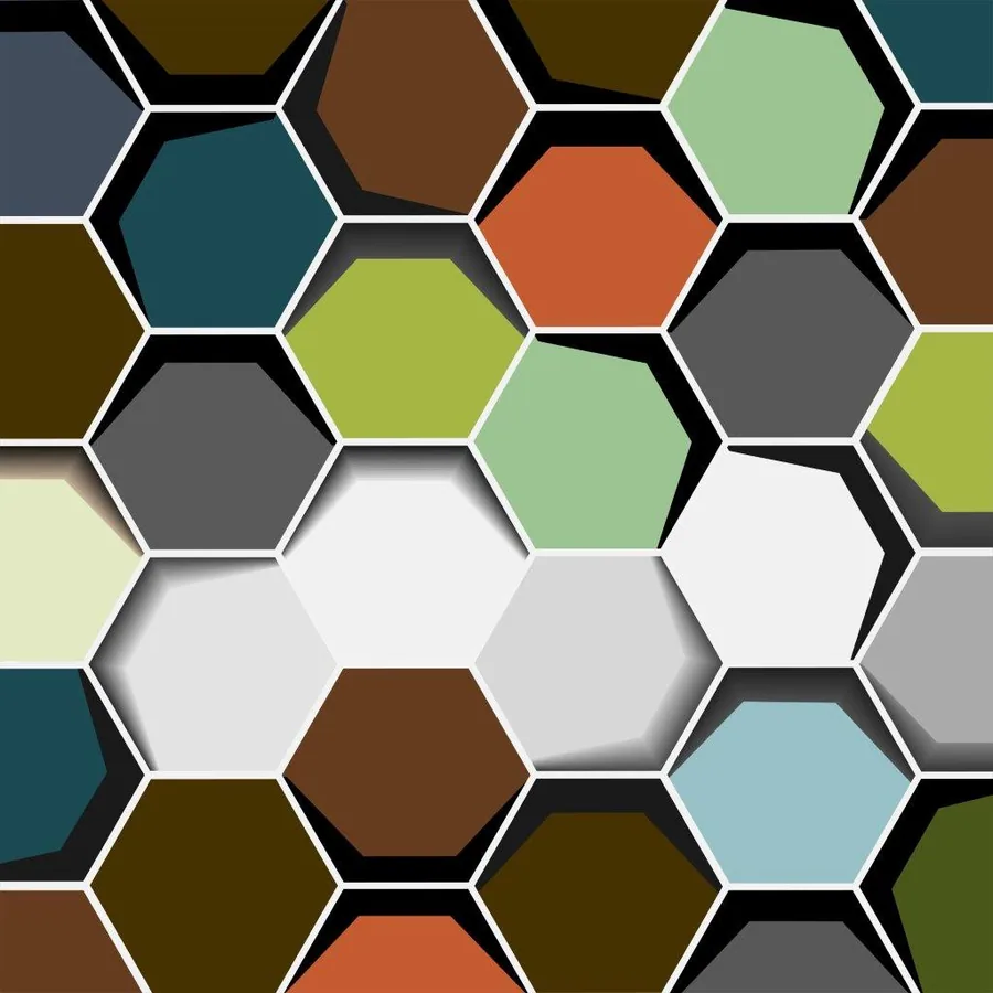 Repeating hexagonal mosaic tile pattern in olive, teal, gray, white, and orange with black outlines and 3D shadow effects.