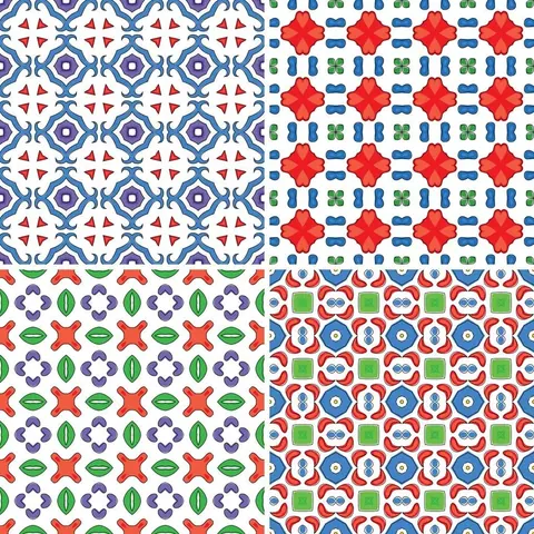 Four repeating geometric mosaic tile patterns with red, blue, green, and purple shapes including stars, flowers, and abstract motifs.