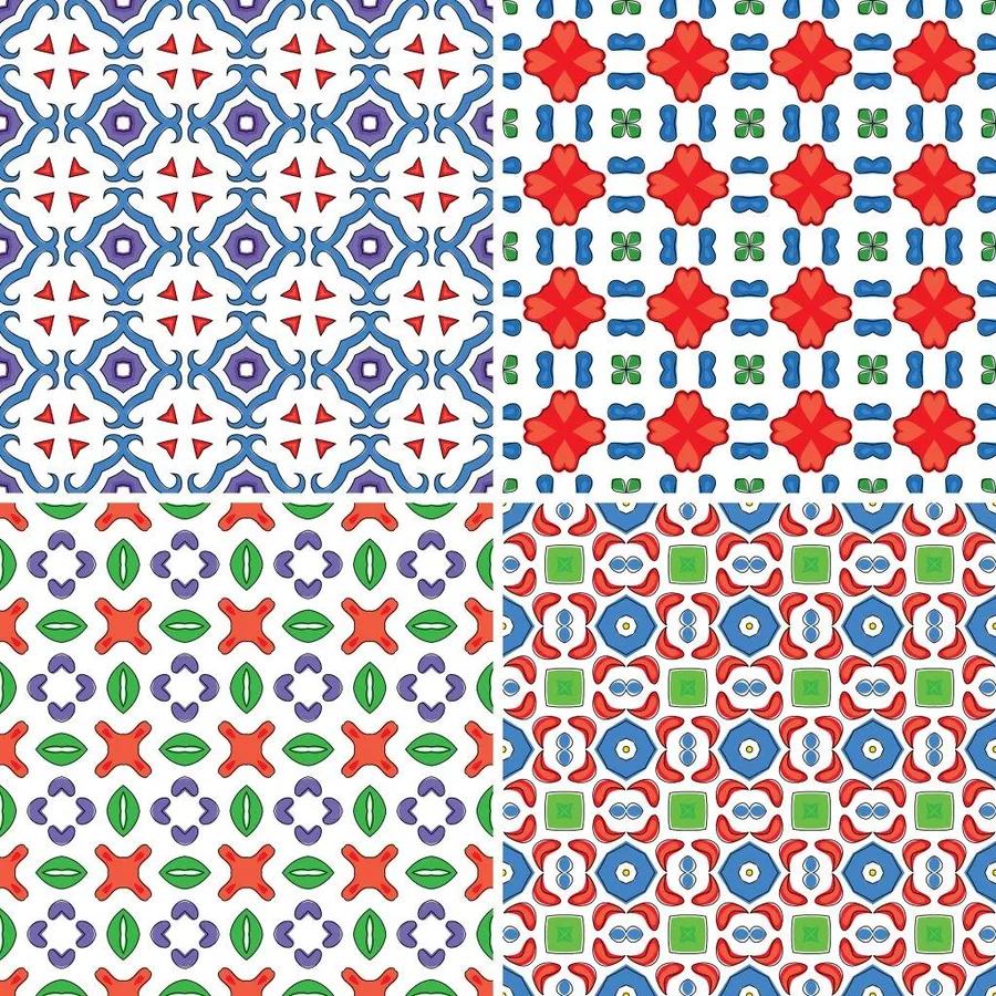 Four repeating geometric mosaic tile patterns with red, blue, green, and purple shapes including stars, flowers, and abstract motifs.