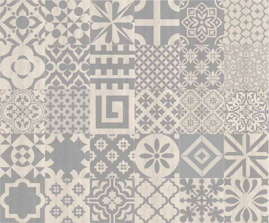 Repeating pattern of grey and cream geometric and floral mosaic tile designs arranged in a grid