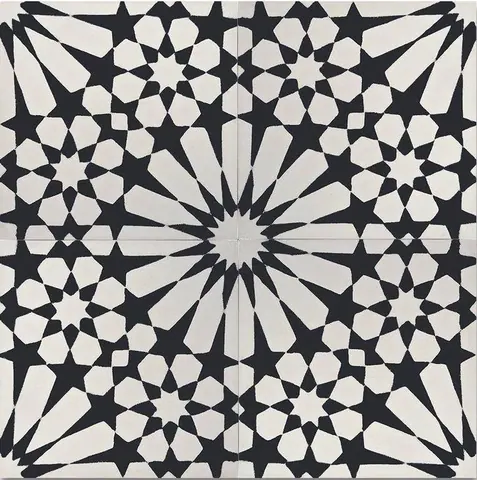 Black and cream geometric mosaic tile pattern with central starburst and radiating star motifs