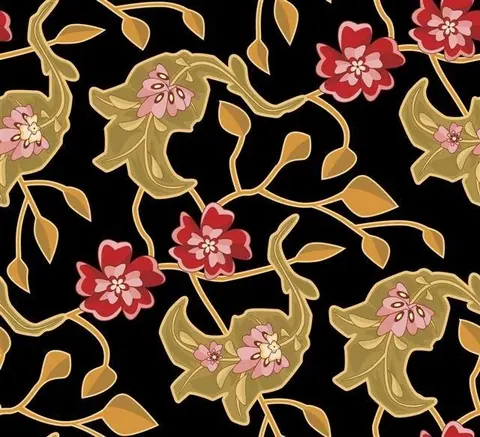 Repeating pattern of red and pink flowers with gold leaves and branches on black background