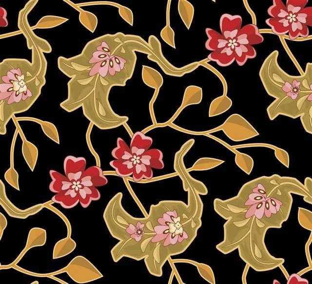 Repeating pattern of red and pink flowers with gold leaves and branches on black background