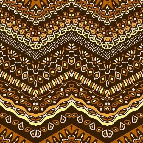 Repeating geometric mosaic pattern with chevron stripes, squares, and decorative tiles in gold, brown, and cream.