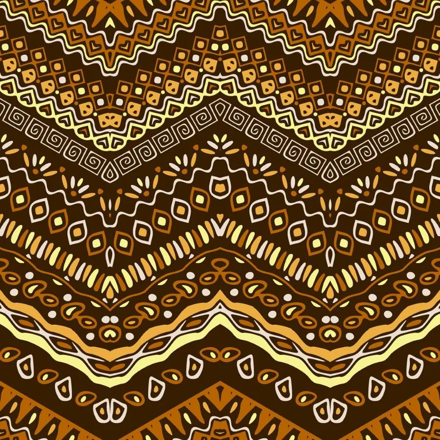 Repeating geometric mosaic pattern with chevron stripes, squares, and decorative tiles in gold, brown, and cream.