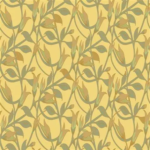 Repeating pattern of golden curved vines with sage green leaves on cream background