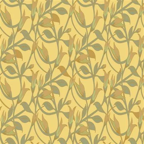 Repeating pattern of golden curved vines with sage green leaves on cream background