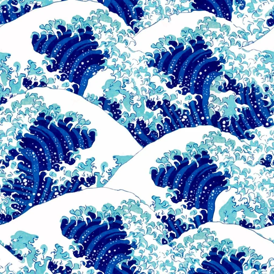Repeating pattern of stylized ocean waves in navy and turquoise with white foam crests and decorative swirls.