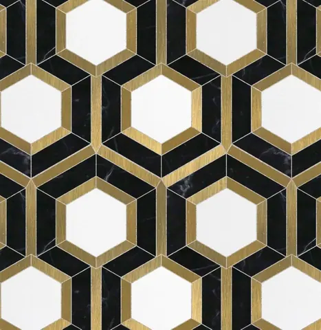 Repeating hexagonal tile pattern with white centers, gold frames, and black backgrounds creating a 3D cube illusion