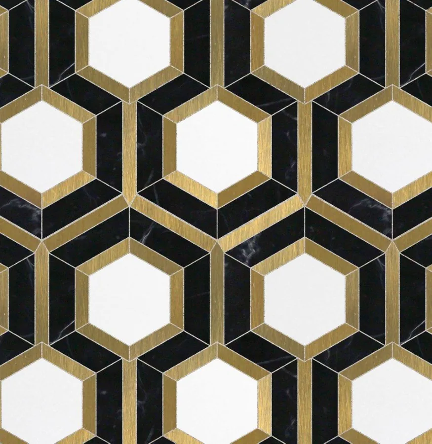 Repeating hexagonal tile pattern with white centers, gold frames, and black backgrounds creating a 3D cube illusion