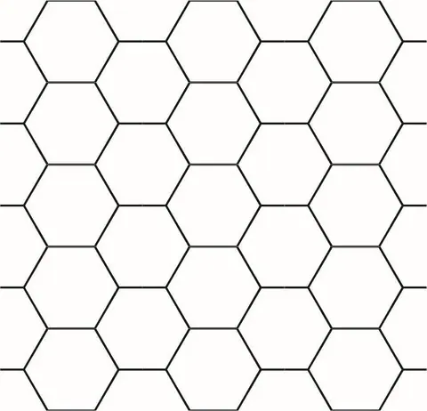 Repeating geometric pattern of interlocking white and black hexagons forming a honeycomb tessellation.