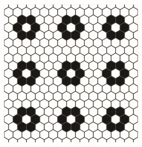 Repeating hexagonal mosaic tile pattern in black and white with white hexagons creating negative space throughout.