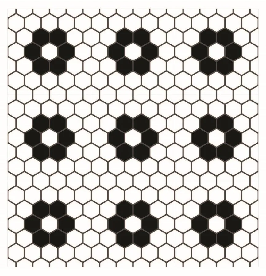 Repeating hexagonal mosaic tile pattern in black and white with white hexagons creating negative space throughout.