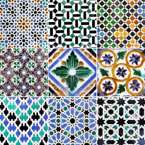 Nine-tile grid showcasing colorful Islamic mosaic patterns with geometric stars, floral motifs, and traditional tilework in blue, green, orange and cream.