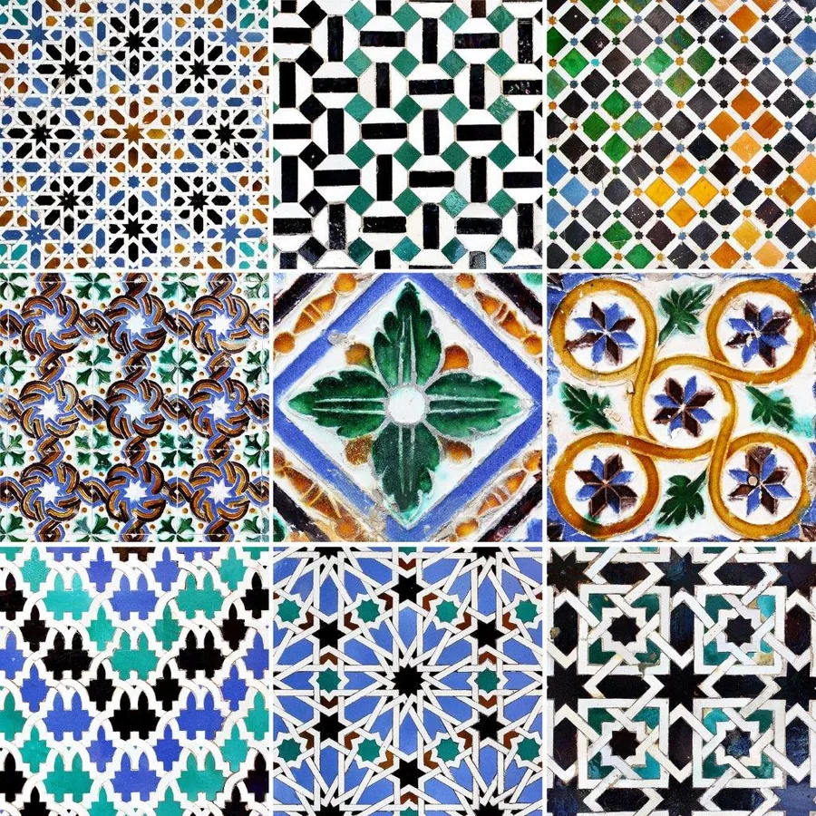 Nine-tile grid showcasing colorful Islamic mosaic patterns with geometric stars, floral motifs, and traditional tilework in blue, green, orange and cream.