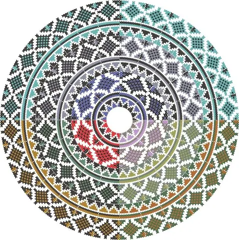 Concentric circular mosaic tile pattern with pixelated geometric design in multicolored tones radiating from center white circle.