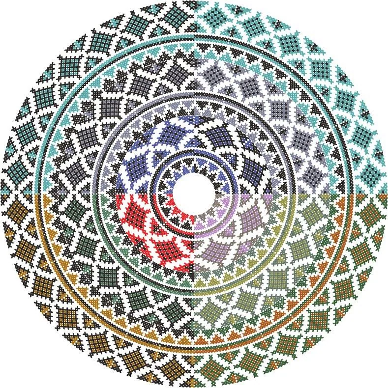 Concentric circular mosaic tile pattern with pixelated geometric design in multicolored tones radiating from center white circle.