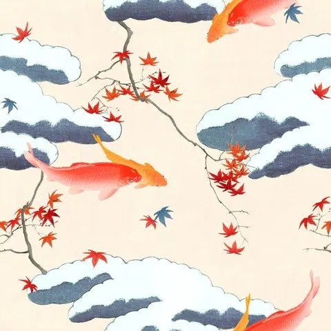 Stylized koi fish and red maple leaves floating among clouds in an Asian-inspired pattern.