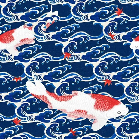 Red and white koi fish swimming through navy blue waves with white foam and bubbles on repeating pattern.