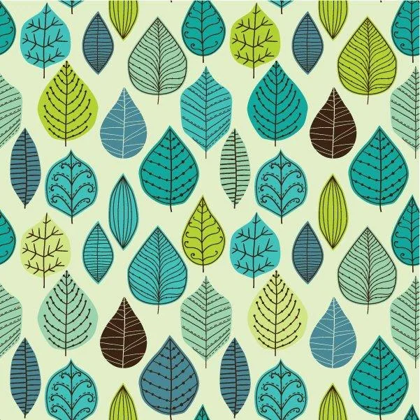 Repeating pattern of decorative leaves in teal, green, and navy with linear details on cream background