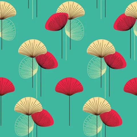 Repeating pattern of cream, teal, and coral lotus flowers with radiating lines on turquoise background