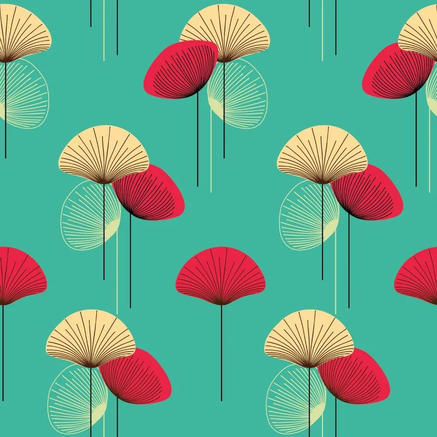 Repeating pattern of cream, teal, and coral lotus flowers with radiating lines on turquoise background