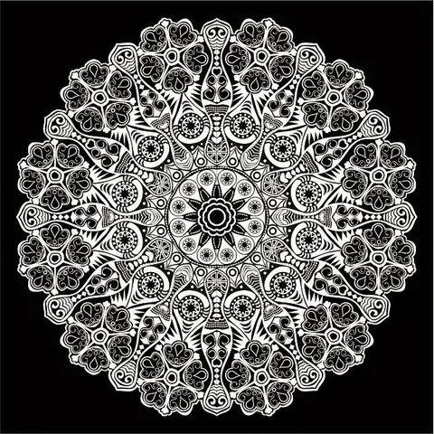 Symmetrical white mandala mosaic pattern with intricate geometric tiles on black background