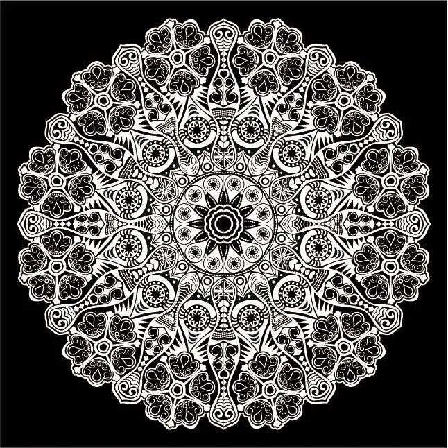 Symmetrical white mandala mosaic pattern with intricate geometric tiles on black background