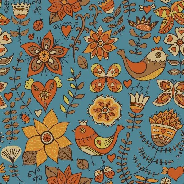 Repeating folk art pattern with orange flowers, birds, hearts, and decorative vines on blue background