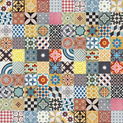 Colorful patchwork mosaic tile pattern with geometric shapes and ornate designs in blue, red, yellow, and green.