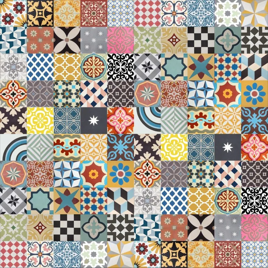 Colorful patchwork mosaic tile pattern with geometric shapes and ornate designs in blue, red, yellow, and green.