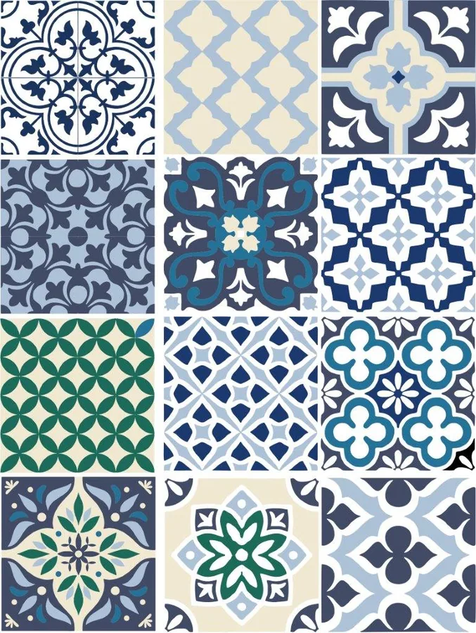 Colorful mosaic tile pattern with geometric and floral designs in navy, teal, cream and green