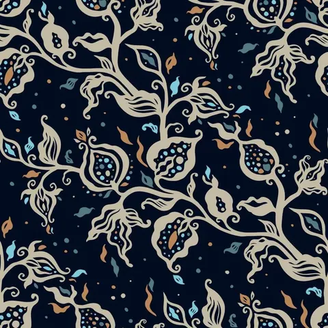 Dark navy wallpaper with cream ornamental flowers, peacock pods, and decorative foliage with teal and gold accents