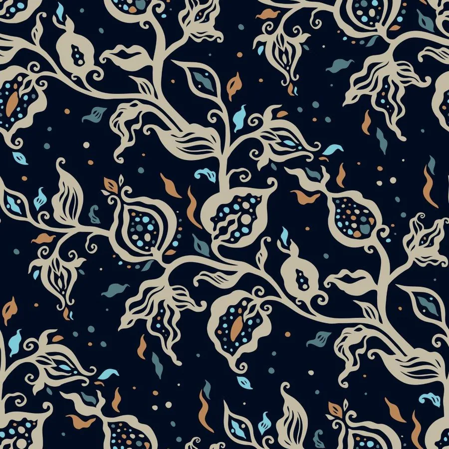 Dark navy wallpaper with cream ornamental flowers, peacock pods, and decorative foliage with teal and gold accents