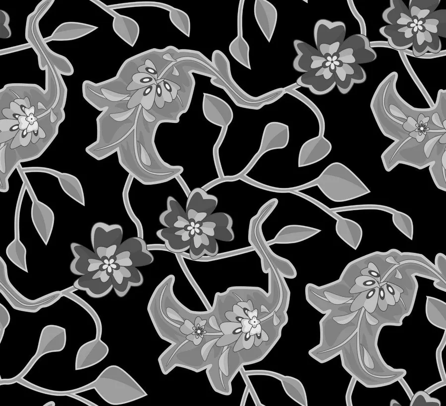 Repeating black and white floral pattern with curved vines, layered blooms, and leaf details