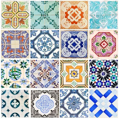 16 decorative mosaic tiles with geometric and floral patterns in traditional colors