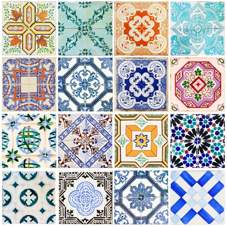 16 decorative mosaic tiles with geometric and floral patterns in traditional colors