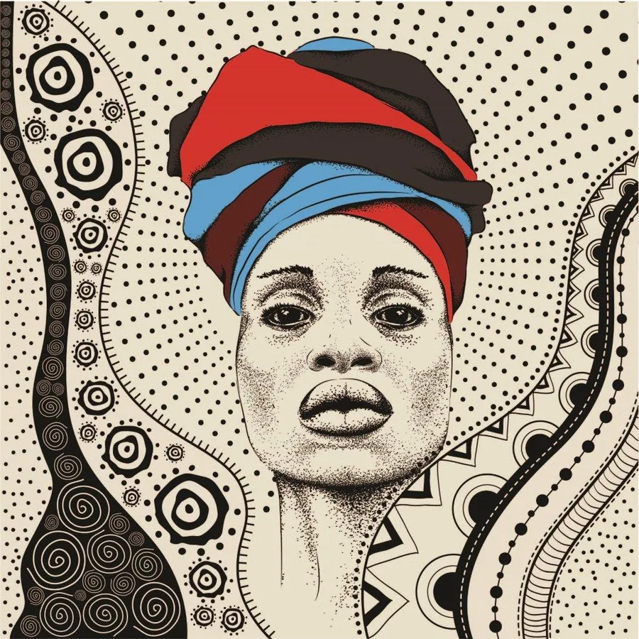 Illustrated portrait with red and blue headwrap surrounded by ornate black geometric patterns and circular motifs on cream background.