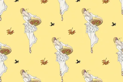 Repeating pattern of illustrated women in white dresses holding fruit baskets on soft yellow background with scattered leaves and birds.