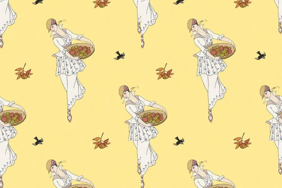 Repeating pattern of illustrated women in white dresses holding fruit baskets on soft yellow background with scattered leaves and birds.