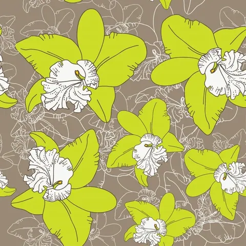 Repeating pattern of lime-green orchids with white ruffled centers and outlined leaves on taupe background