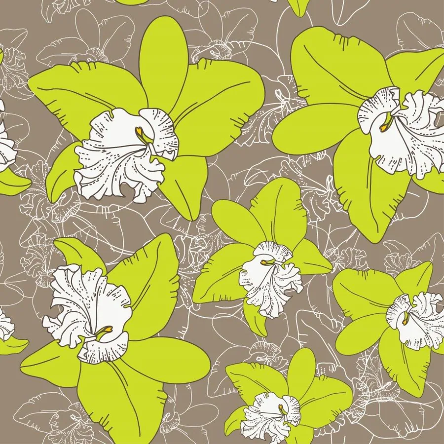 Repeating pattern of lime-green orchids with white ruffled centers and outlined leaves on taupe background