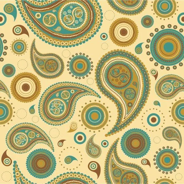 Repeating pattern of ornate paisleys and circular mandalas in teal, gold, and cream with decorative dotted details
