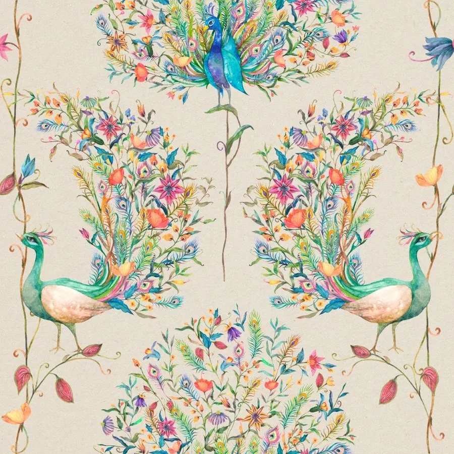 Symmetrical wallpaper design with two emerald peacocks facing each other, their tail feathers bursting with colorful wildflowers against a cream background.