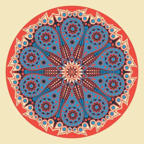 Circular mandala pattern with blue peacock feathers and red geometric mosaic tiles on coral background
