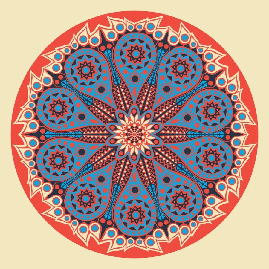 Circular mandala pattern with blue peacock feathers and red geometric mosaic tiles on coral background