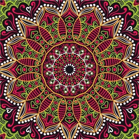 Symmetrical mandala mosaic with layered petals in magenta, gold, lime green, and white on dark background.
