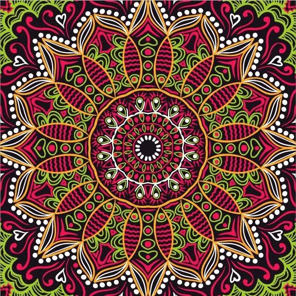 Symmetrical mandala mosaic with layered petals in magenta, gold, lime green, and white on dark background.